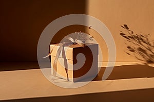 Present box with tree branch shadows on beige background, created with Generative AI Technology