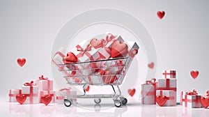 Present boxes in shopping cart, Valentine day holiday background, copy space