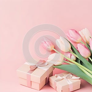 Present boxes with silk ribbon bow and tulips on paslet pink background, gift card. Gift or holiday concept. Mothers Day, birthday