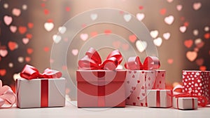 Present boxes Valentine day holiday background, copy space. Gifts shopping