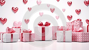 Present boxes Valentine day holiday background, copy space. Gifts shopping