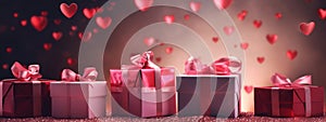 Present boxes Valentine day holiday background, copy space. Gifts shopping