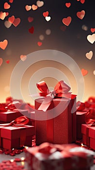 Present boxes Valentine day holiday background, copy space. Gifts shopping