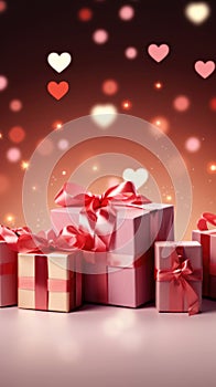 Present boxes Valentine day holiday background, copy space. Gifts shopping