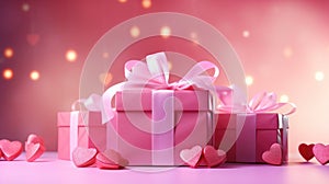 Present boxes Valentine day holiday background, copy space. Gifts shopping