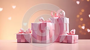 Present boxes Valentine day holiday background, copy space. Gifts shopping