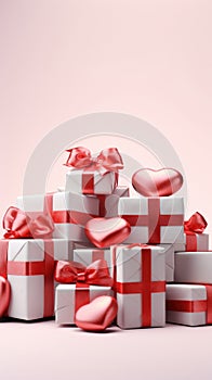 Present boxes Valentine day holiday background, copy space. Gifts shopping