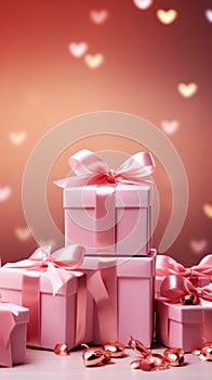 Present boxes Valentine day holiday background, copy space. Gifts shopping