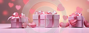 Present boxes Valentine day holiday background, copy space. Gifts shopping