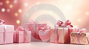 Present boxes Valentine day holiday background, copy space. Gifts shopping