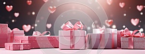 Present boxes Valentine day holiday background, copy space. Gifts shopping