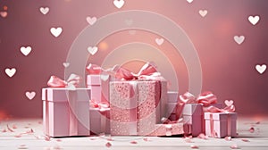 Present boxes Valentine day holiday background, copy space. Gifts shopping