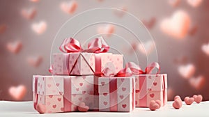 Present boxes Valentine day holiday background, copy space. Gifts shopping