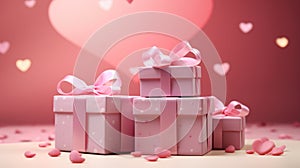 Present boxes Valentine day holiday background, copy space. Gifts shopping