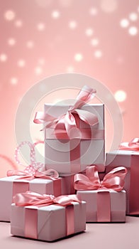 Present boxes Valentine day holiday background, copy space. Gifts shopping