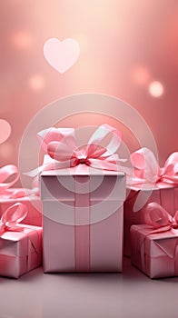 Present boxes Valentine day holiday background, copy space. Gifts shopping