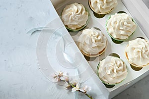 Present concept. Fresh white flowers and gift box with cupcakes on wooden table. place for inscription. Mother`s Day