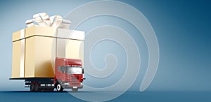 Present concept - Tir or truck carrying gift box. 3d rendering