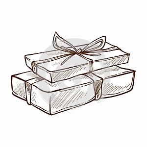 Present decorated with ribbon and row isolated icon vector monochrome sketch outline gift with surprise inside