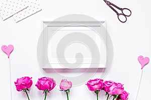 Present design with peony bouquet and white frame top view mock