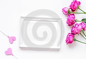 present design with peony bouquet and white frame top view mock up