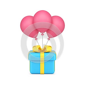 Present festive blue gift box with pink helium air balloon bunch 3d icon realistic vector