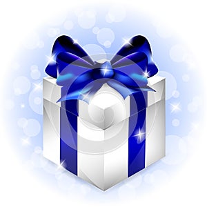 A present or Gift with blue ribbon and bow isolated on the white background, vector illustration
