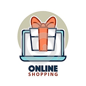 Present gift box in open laptop online shopping concept logo