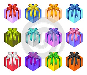 Present gift box vector, glossy bows and ribbons on gift box, decoration labels collection for birthday, christmas, new year. Gift