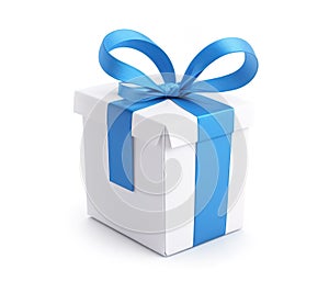 Present Gift Box white color with Blue Bow isolated on white background