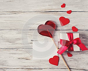 Present Gift With Red Ribbon Hearts Candy Lollipop Blank Note On