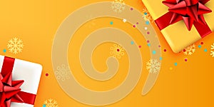 Present golden box with red ribbon. Holiday card design decoration element.