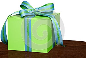 Present In Green Gift Box Blue & Green Ribbon