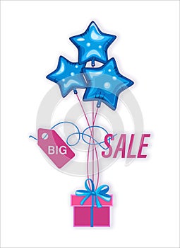 Present. Holiday Sale. Vector poster with blue stars and gift with an advertising message big sale.