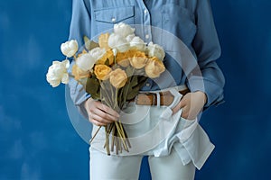 woman sweater blue flower bouquet romantic hand background floral yellow green white. Generative AI.