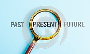 Present wording inside of Magnifier glass on blue background for focus current situation , positive thinking mindset