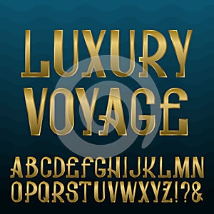 Presentable retro style font. Golden capital letters on blue wavy background. english alphabet with text Luxury Voyage