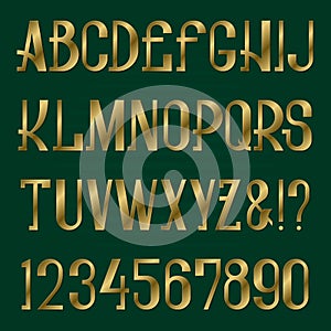 Presentable retro style font. Golden capital letters and numbers. Isolated english alphabet