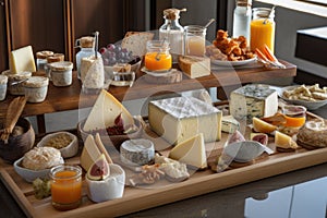 presentation of an array of artisanal cheeses, accompanied by accompaniments and accoutrements