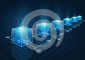 Presentation of blockchain technology features a series of interconnected blue