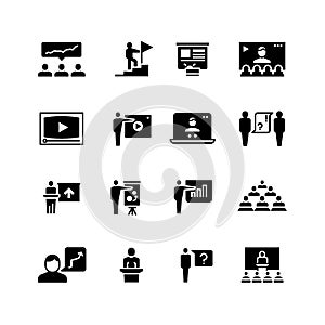 Presentation business event symbols. Training video conference icons. Students in class with speaker pictograms vector