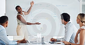 Presentation, business meeting or black woman leader on whiteboard for strategy, training and planning KPI growth