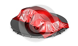 Presentation of the car covered with red satin cloth. 3D rendering