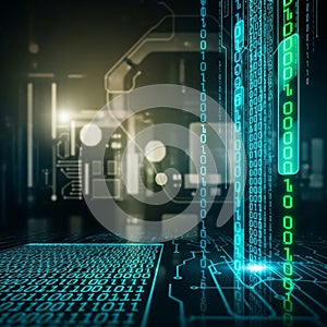 Presentation featuring glowing binary code streams and circuit