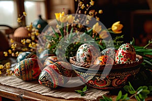 Presentation of folk handicrafts in a country kitchen.