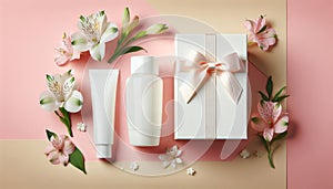 Presentation of a gift set of a cosmetic product, gift box on a pastel background with flowers