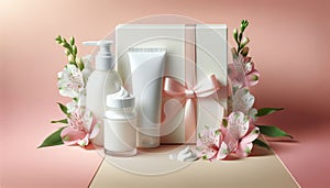 Presentation of a gift set of a cosmetic product, gift box on a pastel background with flowers