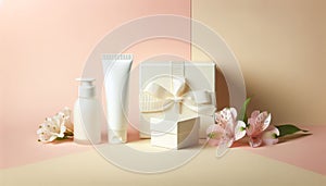 Presentation of a gift set of a cosmetic product, gift box on a pastel background with flowers