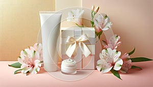 Presentation of a gift set of a cosmetic product, gift box on a pastel background with flowers