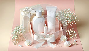 Presentation of a gift set of a cosmetic product, gift box on a pastel background with flowers